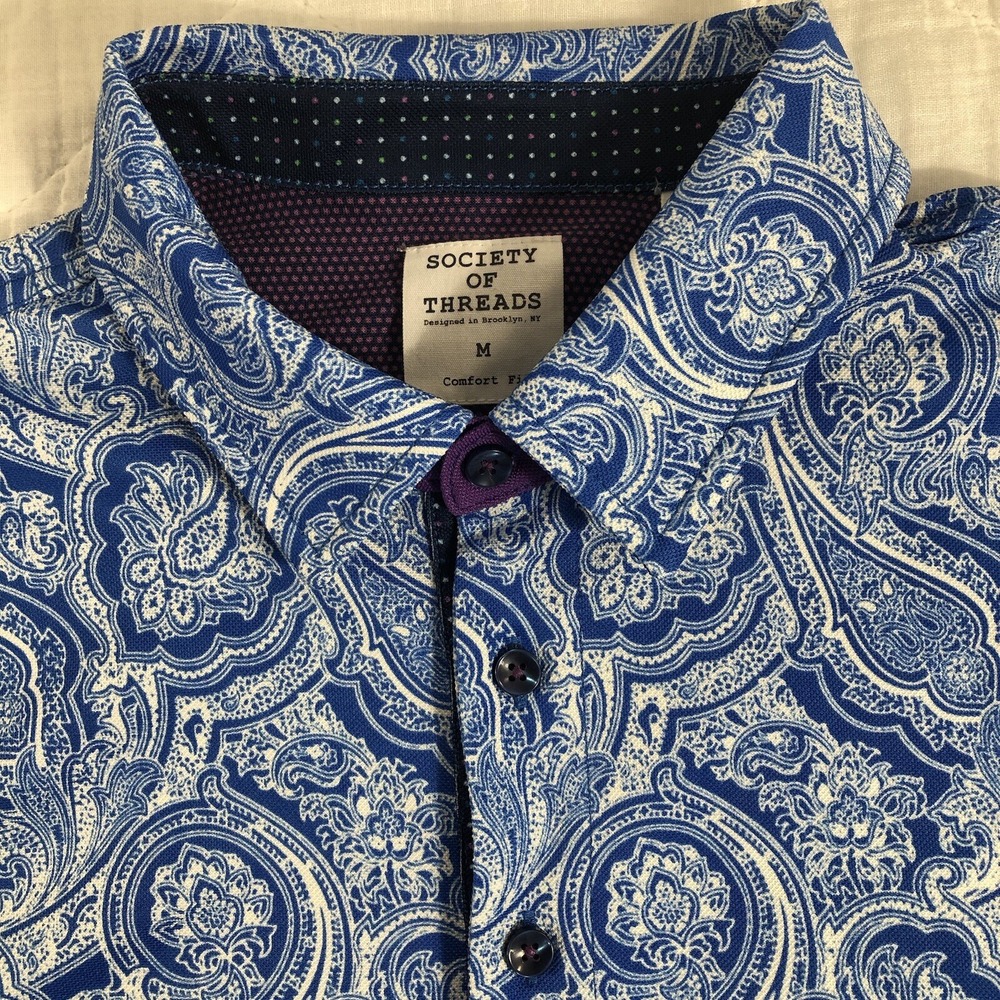 Society of Threads Polo Shirt Men's Medium Blue Paisley Pattern Comfort Fit